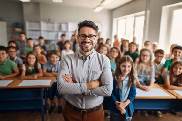 blue mental health for teachers male teacher with class of pupils